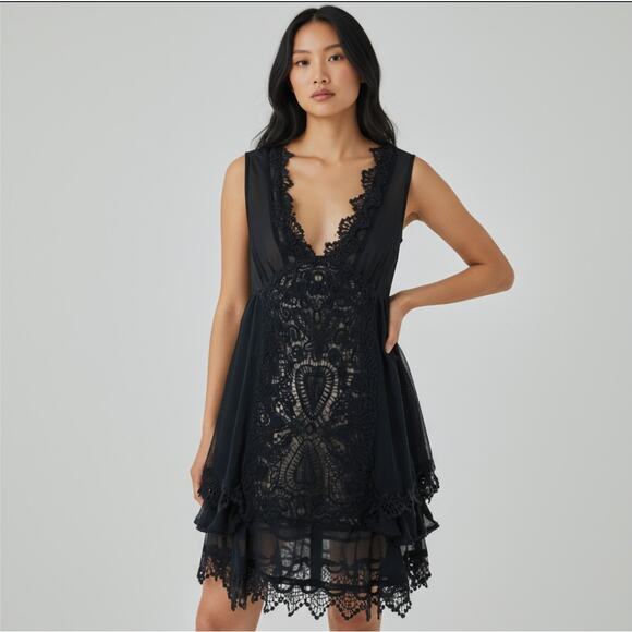 Free People Dresses & Skirts - Free People Vintage Applique Dark Blue Lace Dress